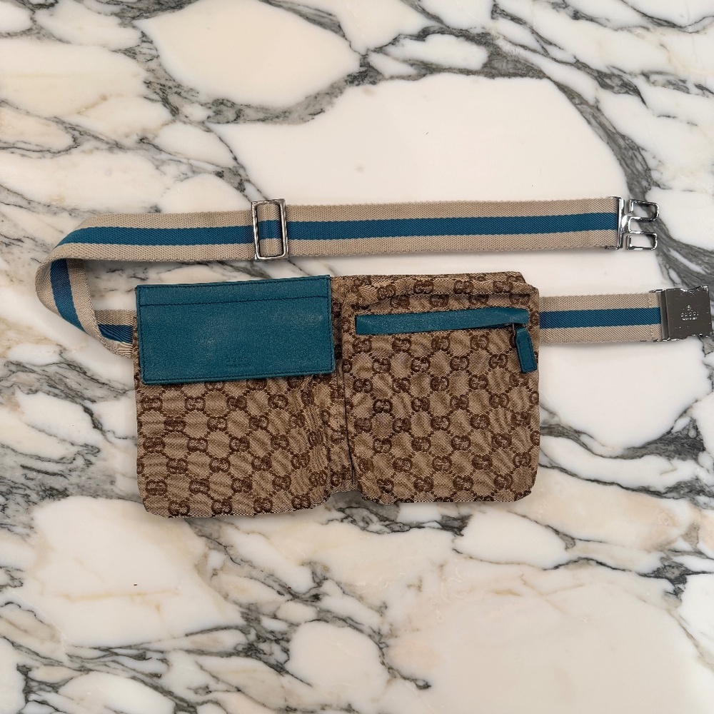 Vintage Gucci GG Belt Bag & Fanny Pack Canvas Leather Brown Blue Beige